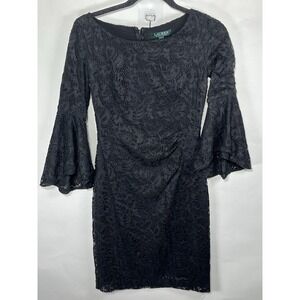 Lauren by Ralph Lauren Women's Bell-Sleeve Lace‎ Bodycon Dress Sz 0 Lined LBD